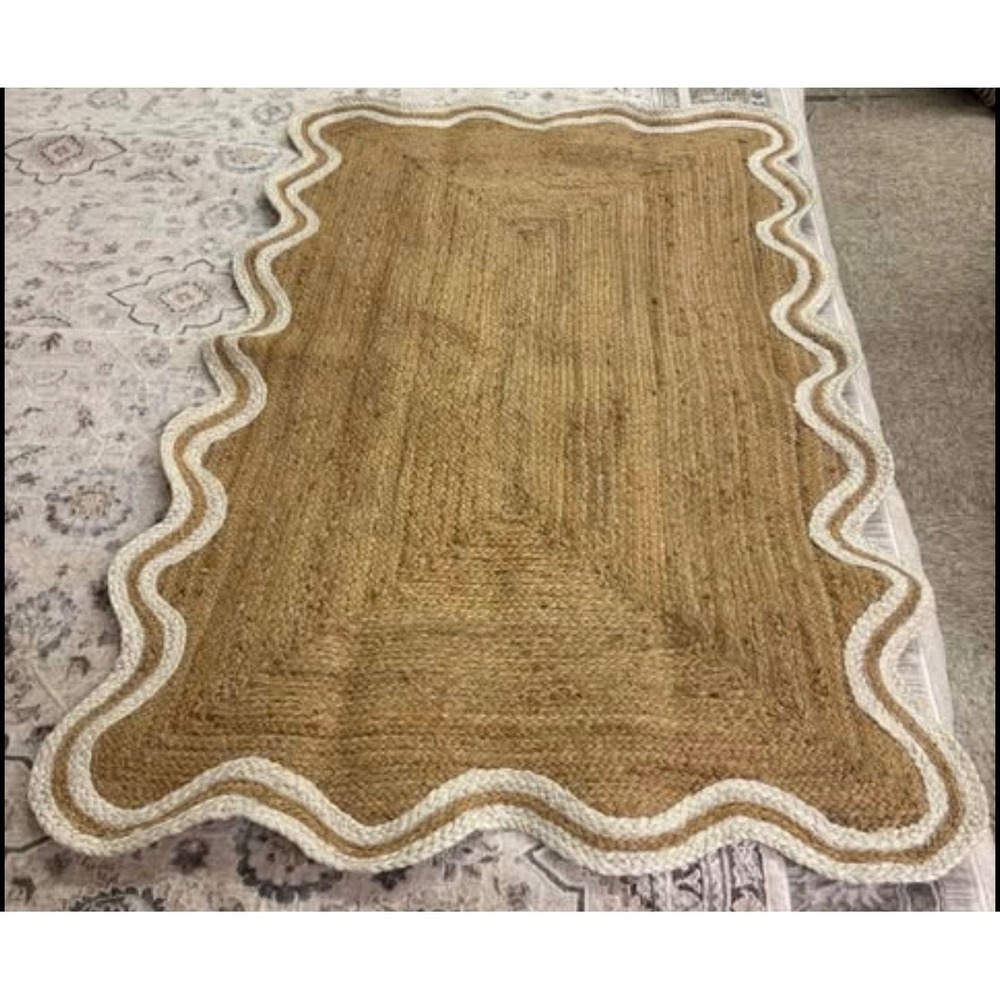 Natural Jute Scalloped Edge Area Rug Braided Tan White 3x5 Rectangular Rug
